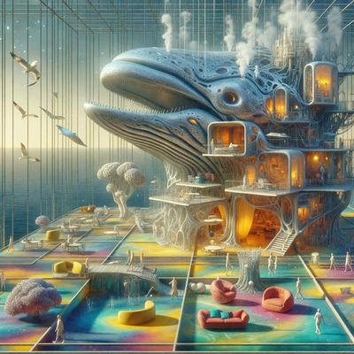 The primary subject of the image is a large, colorful whale with a long snout, which is the main focus of the scene. The whale is situated in a room with a variety of furniture, including chairs, couches, and a dining table. The setting appears to be a futuristic, artistic environment, possibly a museum or an art installation. The visual style of the image is digital art, as it is a detailed and intricate illustration of the whale. The colors and mood